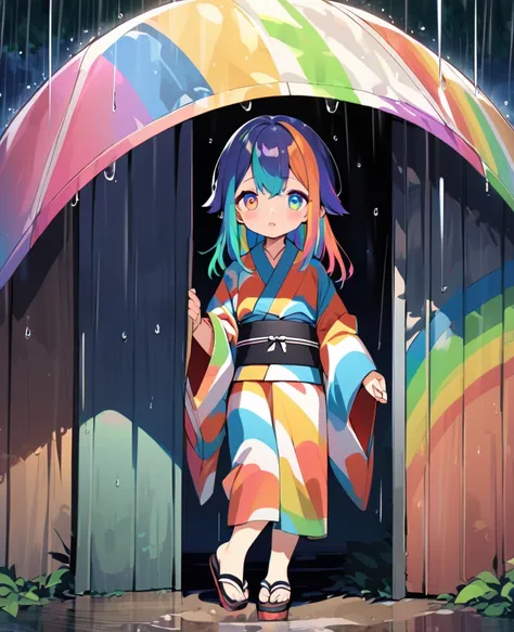 A rainbow haired girl with rainbow eyes , and in an rainbow kimono with a black obi and tradional sandals , under shelter in rain