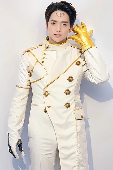 (masterpiece, best quality:1.2), 1boy, solo, face marks, gloves, white suit, white pants, spiderweb in the background,