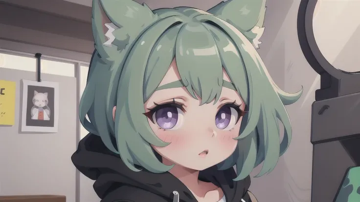 masterpiece,(best quality,top quality,8k),illustration,painting,detailed eyes and face,(1girl),vex,(green hair,short hair), (black jacket:1.2),purple eyes,(animal ears,hoodie), pretty girl, beauty skin, ultra high res, raw photo, ultra detailed , detailed ...