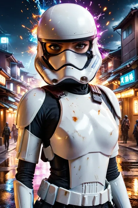 watercolor splash photo sabine wren, big breast ,big smile, ], wearing storm trooper armor at tanzaku town. art by aliza razell,...