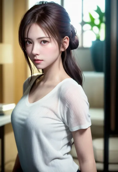 8K, of the highest quality, masutepiece:1.2), (Realistic, Photorealsitic:1.37), of the highest quality, masutepiece, Beautiful young woman, Pensive expression, Sweet look, Sexy white shirt、Hair tied back, Messy mood, Cinematic background, Tired, Light skin...