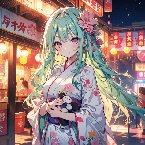 1 girl、Mature、Ample breasts、Long Hair、Mint green hair、Pink Eyes、yukata、Holding a stuffed toy、night、firework、fair、smile、High resolution、Best quality
