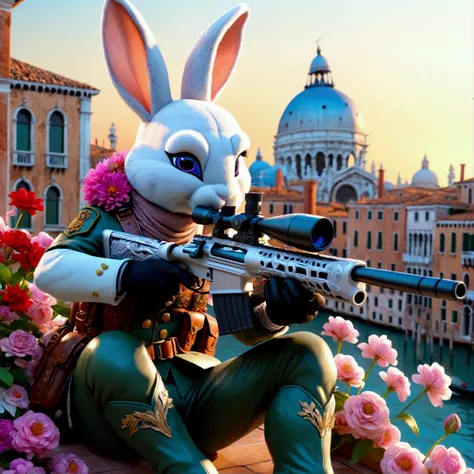 (Close-up front view of anthropomorphic bunny on roof and aiming with elite sniper rifle:1.3), (((pointed at the viewer))), (rifle has ornate white handle:1.1), (hiding amidst abundance of flowers:1.2), (stylish high-neck military jacket:1.1), (leather glo...