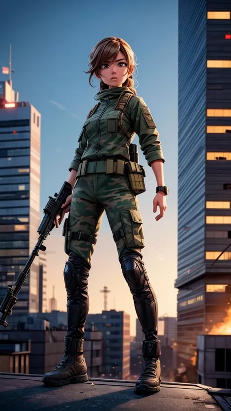 A female sniper member of the SAT unit, standing on a rooftop wielding the latest sniper rifle, detailed military uniform, focused expression, tense action pose, high-tech rifle, urban cityscape background, dramatic lighting, cinematic composition, gritty ...