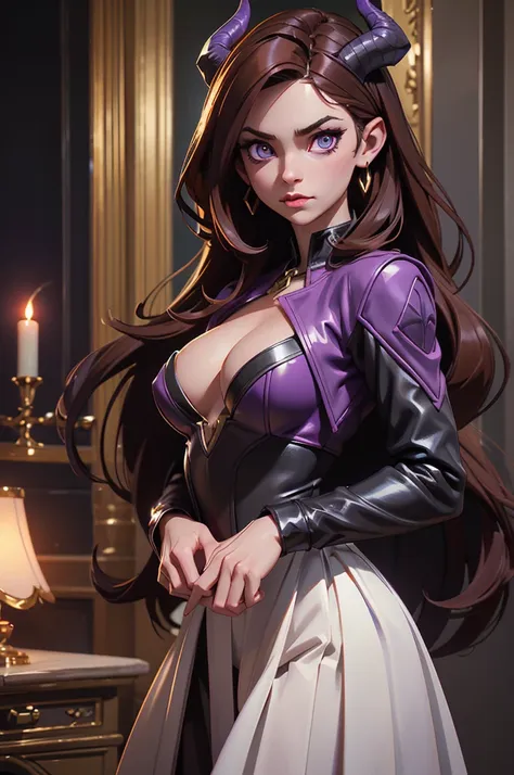 a demonic succubus woman with purple wings and tail, brown hair, golden eyes, thin purple horns, wearing a white dress with a leather jacket, fine facial features and almond-shaped eyes, (best quality,4k,8k,highres,masterpiece:1.2),ultra-detailed,(realisti...