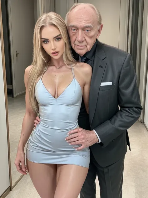 8k, hyperrealistic body shot of pale blonde skinned woman being hugged from behind by a 90 year ugly old man wearing in a suit, ...