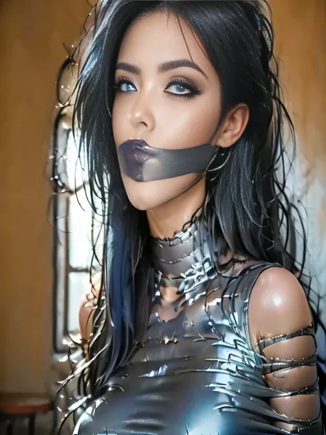 full body photo, ​masterpiece　bionde　long hair　wrapped with silver tape　mouth covered with silver tape　dark torture chamber