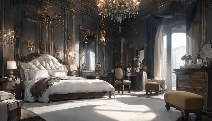 A messy and dark bedroom, there are no windows and in the background there is only a messy white bed next to a lamp that emits a little light, ((high quality)), ((masterpiece)), ((detailed)), no one