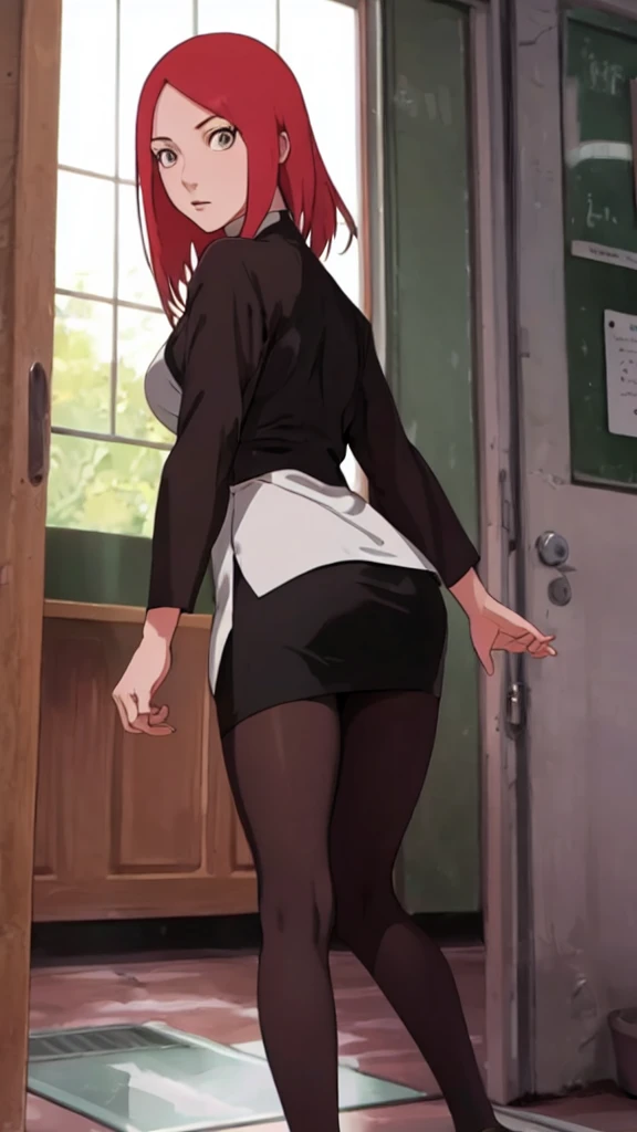 ((pantyhose)), tight short dress, standing backwards, muslos grandes, kushina uzumaki