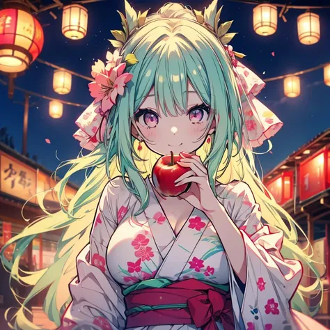 1 girl、mature、Ample breasts、Long Hair、Mint green hair、Pink Eyes、yukata、Holding apple candy、night、firework、fair、smile、High resolution、Highest quality