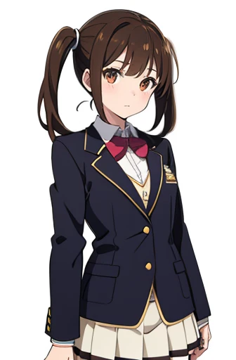 standing, from front, full body shot,one girl, deep brown hair, low twin tails, deep brown eyes, white skin, teenager, , Great Joy, high school girl, , jacket/blazer, slim, looking at viewer, white background