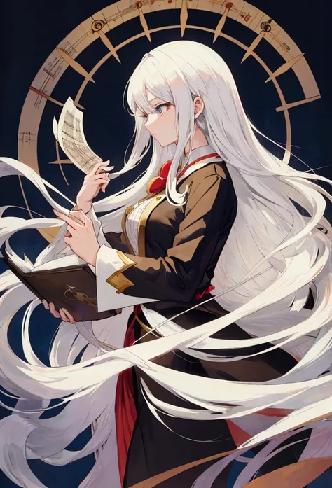 anime woman with long white hair wearing orchestra conductor outfit and holding sheet music. for YouTube profile photos