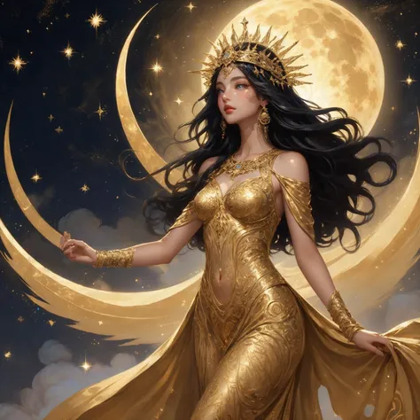 a woman in a golden dress stands in front of a starry sky. , the outfit sparkled with starlight. , fine gold set, celestial godd...