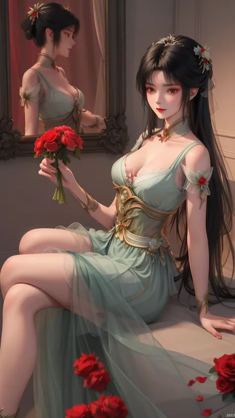 limuwan,front-side view of a girl with long black hair wearing red tulle and red long skirt,red bra,with a bouquet of roses in h...