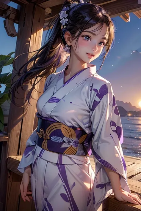 #基本 
女の子がphotographのポーズをとっている, ((One Girl)), (((Baby Face:1.3)) + ((cute:1.3))), 
break 

#Clothing Accessories 
(((Purple and white)yukata:1.4) : Striped pattern + The skirt is long + Blue Belt:1.4 + Long sleeve + Wide sleeves),  
red gemstone earrings,  ...