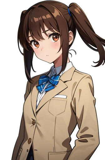 standing, from front, cowboy shot,one girl, deep brown hair, low twin tails, deep brown eyes, white skin, teenager, , Great Joy, high school girl, , jacket/blazer, slim, looking at viewer, white background