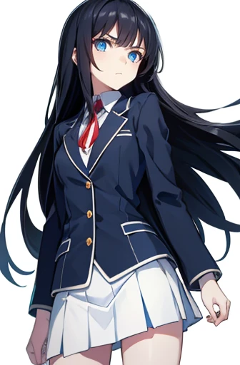 standing, from front, cowboy shot,one girl, Black hair, long hair, straight hair,Blue eyes, white skin, Uneasiness, teenager, high school girl, , jacket/blazer, slim, looking at viewer, white background