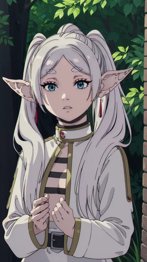 to freeze, to freeze, long hair, ponytail, (green eyes:1.5), white hair, pointed ears, elf, very feminine, shows bare chest, nak...