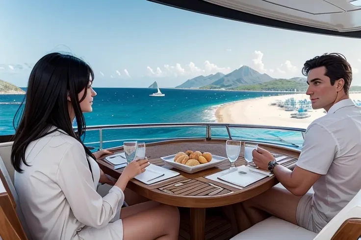 A black-haired white man and a brown-haired white woman are sitting on the deck of a yacht. Surrounded by a view of the sea and islands and 4 birds, the sky is clear.