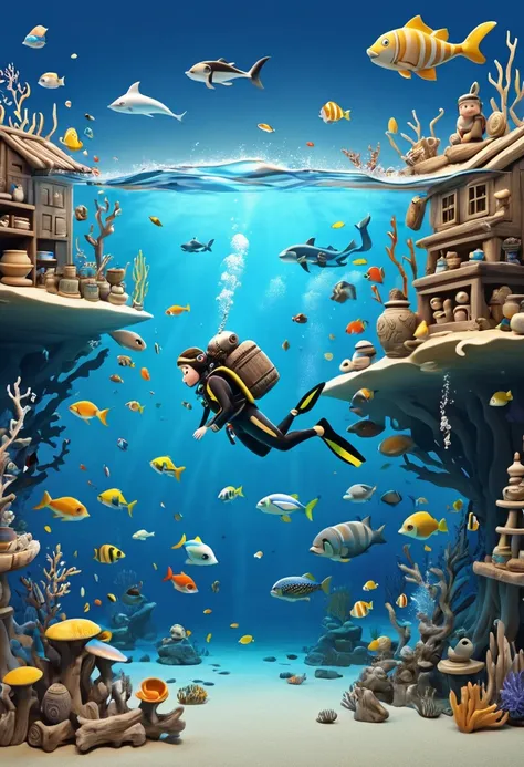 All the cabinets containing artifacts around, Ceramic pot, Pottery bowl, Driftwood, A diver swims upstream in the deep sea holding cultural relics, Cute numbers, cartoon character, Cute 3d rendering, Clay Figures, Clay animation, Lovely and detailed digita...