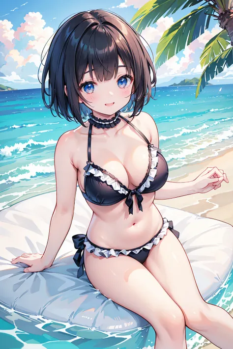 Photorealistic、Highest quality、Highest Resolution、Highest quality、８Ｋ、One beautiful woman、cute、Bob Cut Hair、Dark Hair Color、Big Breasts、Beautiful breasts、cute水着、Frilled bikini、Beautiful sea、Beautiful beaches、looks fun、Frolic with a smile、