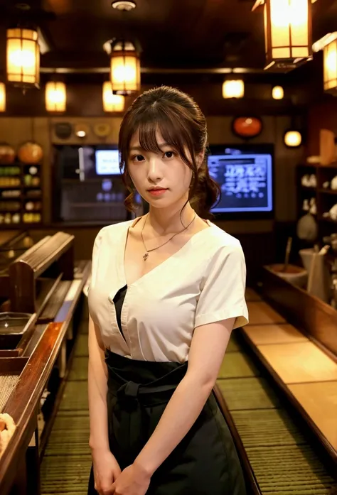 (((Inside an Izakaya at night))), (((The store is crowded))), There are small plates of salad and pasta on the table., Japanese women, Airi Suzumura, 31 years old, 31 years oldの肌, Blood type A, necklace, Height: 152cm, Bust size is 85cm, Her bust is a D cu...