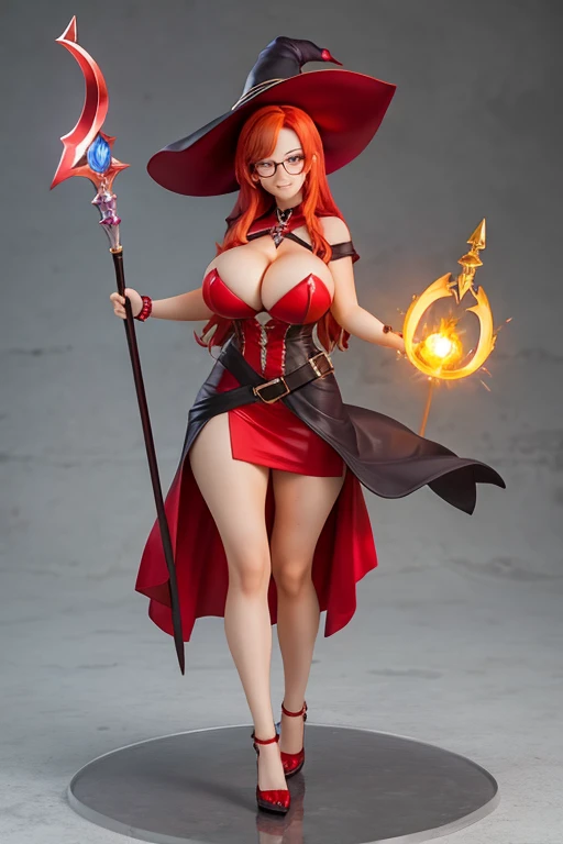 figure of a big breast witch, sweaty cleavage, redhead, sexy electric red dress, magic scepter, glasses, smile