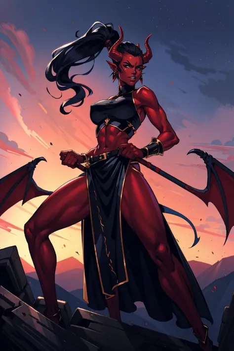 Red skin succubus tiefling, digitigrade legs, full breasts, huge breasts, black horns, wings, huge tail, black leather, crop top, long flowing pelvic curtain, tall, athletic, graceful, thin, long black ponytail. Action scene, whip. Dark scene, explosions, ...