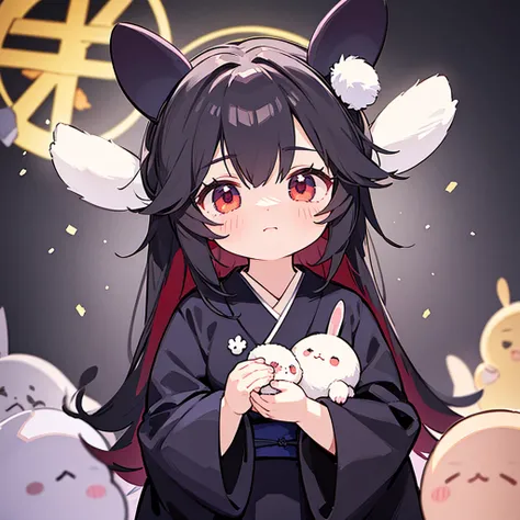 cute little dark angelholding cute fluffy bunny, kimono, cute big eyes, 8k, hd, unreal engine, 