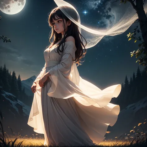 Under the canopy of a star-strewn sky, she stood alone on the edge of a tranquil meadow. The scene, captured with the utmost clarity and detail by a state-of-the-art camera, revealed every nuance of the moment. Her silhouette, framed by the silvery glow of...