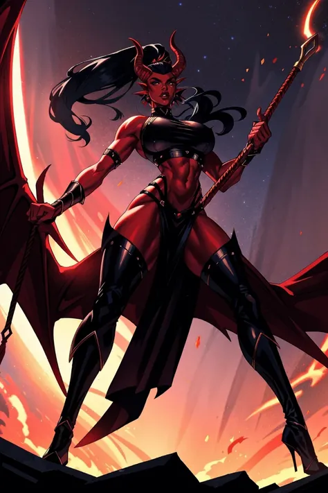 Red skin succubus tiefling, digitigrade legs, full breasts, huge breasts, black horns, wings, huge tail, black leather, crop top, long flowing pelvic curtain, tall, athletic, graceful, thin, long black ponytail. Action scene, whip. Dark scene, explosions, ...