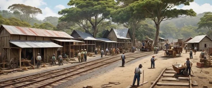 Create a realistic image of a gathering area for railway construction workers in 1890 near the Tapah Road station. Show tools and supplies scattered around, partially constructed railway tracks, and colonial-era buildings in the background. Use clear, real...