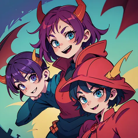 ((Two devil horns on his head))、Purple hair、short hair、Blue-green eyes、Cool smile、Red cape and vampire outfit、whole body、Icon image