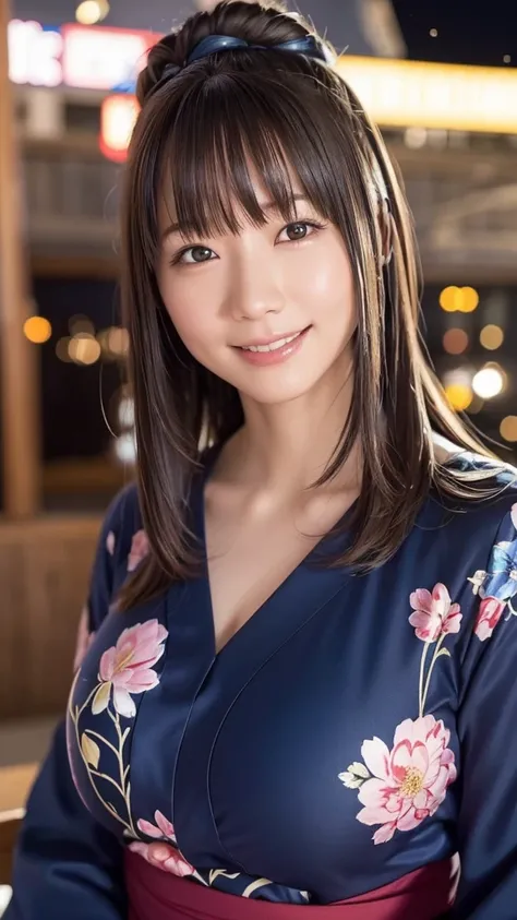 Japanese girl looking at the viewer, posing with a smile (highest quality, masterpiece))), wearing Navy Yukata、High resolution, very detailed, masterpiece, cinematic lighting, (8k, highest quality, masterpiece: 1.2), (realistic, photorealistic: 1.37) high ...