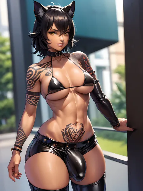 (solo:1.4),(masterpiece), (best quality:1.3), ultra detailed, intricate, professional art, digital art, absurdres, kalibelladonna, 1girl, bob hair, black hair, messy hair, cat ears, tanned skin, (tan skin:1.5), pierced cat ears, solo, Kalibelladonna wearin...