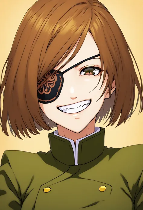 Two heads, conjoined, eye patch, Nobara, 1girl,solo,looking at viewer,smile,short hair,bangs,brown hair,brown eyes,,jacket,upper body,teeth,grin,swept bangs,portrait,gakuran,nail,kugisaki nobara 