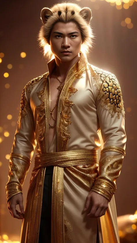 (Realistic Photos)、(extremely detailed CG unified 8k wallpaper)、(​masterpiece)、(top-quality)、(realisitic)、Soft lighting、(the background is golden)、myterious、Gold Decoration、an aura of gold、Whole body、(cool Cheetah)、Solo、animal、detailed eyes