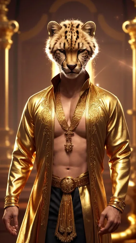 (Realistic Photos)、(extremely detailed CG unified 8k wallpaper)、(​masterpiece)、(top-quality)、(realisitic)、Soft lighting、(the background is golden)、myterious、Gold Decoration、an aura of gold、Whole body、(cool Cheetah)、Solo、animal、detailed eyes