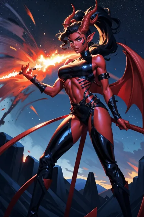 Red skin succubus tiefling, digitigrade legs, full breasts, huge breasts, black horns, wings, huge tail, black leather, crop top, long flowing pelvic curtain, tall, athletic, graceful, thin, long black ponytail. Action scene, whip. Dark scene, explosions, ...