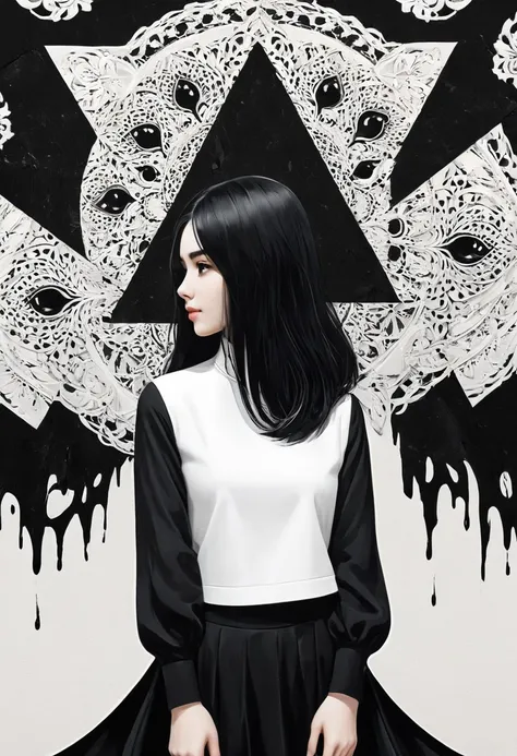 (masterpiece, best quality, Extremely detailed), delicate patterned, Detailed background,
(1 Girl), Solitary, Bankruptcy, 
Single Cream, black and white, (Split screen) Long black hair wearing black clothes，Short white hair wearing white clothes, Flip hori...