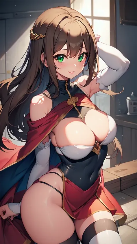 (masterpiece, best quality, ultra-detailed, best shadow), solo girl, light brown hair, green eyes, long hair, medium breasts, sexy body and face, wavy hair, smile, parted lips, red lips, circlet, skirt, bridal gauntlets, jewelry, cape, bare shoulders, sand...