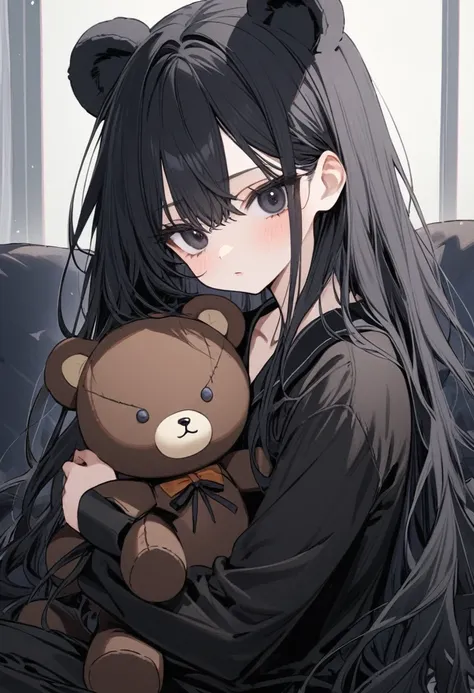 Girl, long hair, White hair ,black (((inner hair))), black eyes, black pajamas, black eyes, bear doll