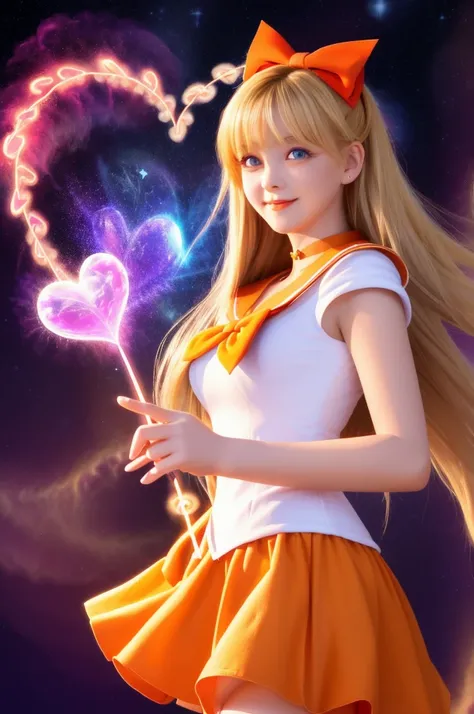 (masterpiece, Highest quality; 1.3), Very detailedCG, Very detailed, 1 girl, alone, smile, Looking at the audience, Stylish angle, Long blonde hair, blue eyes, sv1, Sailor suit, Orange Skirt, Elbow hand pockets, tiara, Orange sailor collar, Red Bow, Orange...