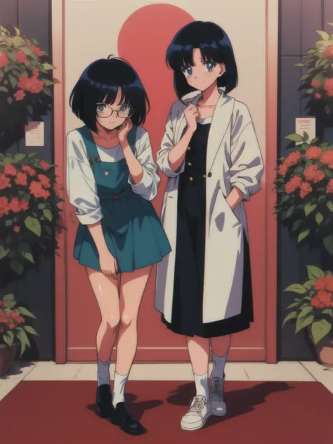 bob cut, black hair, rimless eyewear, mole under eye, solid circle eyes, (full body), 2girl, embarrassed, 80s anime, sharp