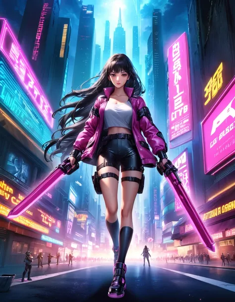 ultra realistic, hollywood blockbuster (movie poster:1.2), (title logo “ENTER THE LIGHT CITY”:1.2), 1980s, cyberpunk night city background, vibrant neon, cyber samurai girl, black hair, long hair, hold light saber, pink cyber samurai armor, (action pose),