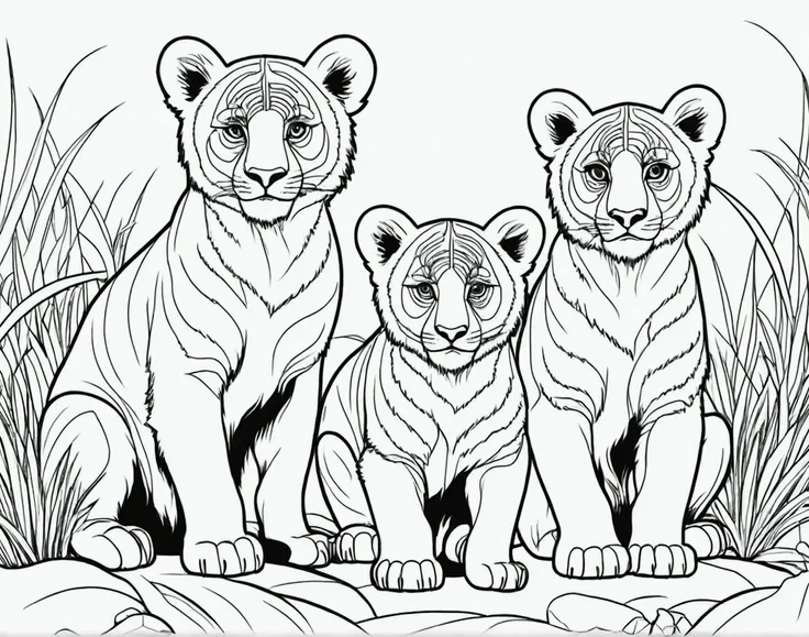 A printable black and white coloring page featuring cubs, clean very simple line art, The line is quite simplified.