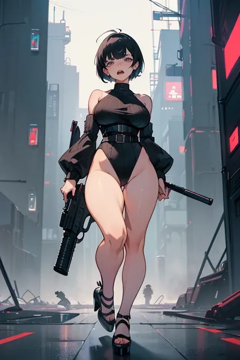  (very wide hip, huge thighs, very big thighs, big breast, young girl, Pullover, whole body to see, angry, scream, Open mouth, lace short hair, platform heels , thin waist, fullbody, , high cut leotard, sleveless, shoulderless, figthting, battle, gun, cybe...