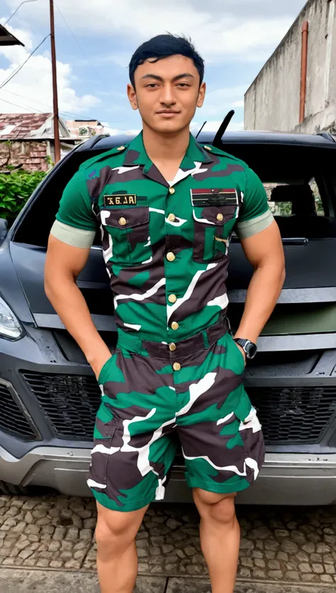 Handsome man wearing military uniform Unbuttoning his shirt, revealing his muscular chest. Showing your genitals to boys to lick.