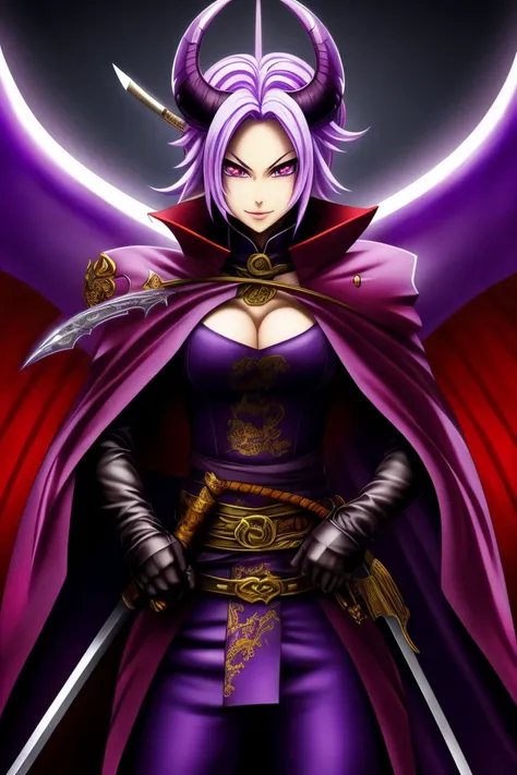 anime - (masterpiece), best quality, purple eyes demon with no horns, smiling purple mouth, red coat, massive katana, dragon 