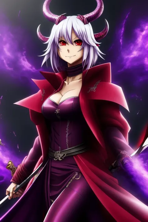 anime - (masterpiece), best quality, purple eyes demon with no horns, smiling purple mouth, red coat, massive katana, dragon 